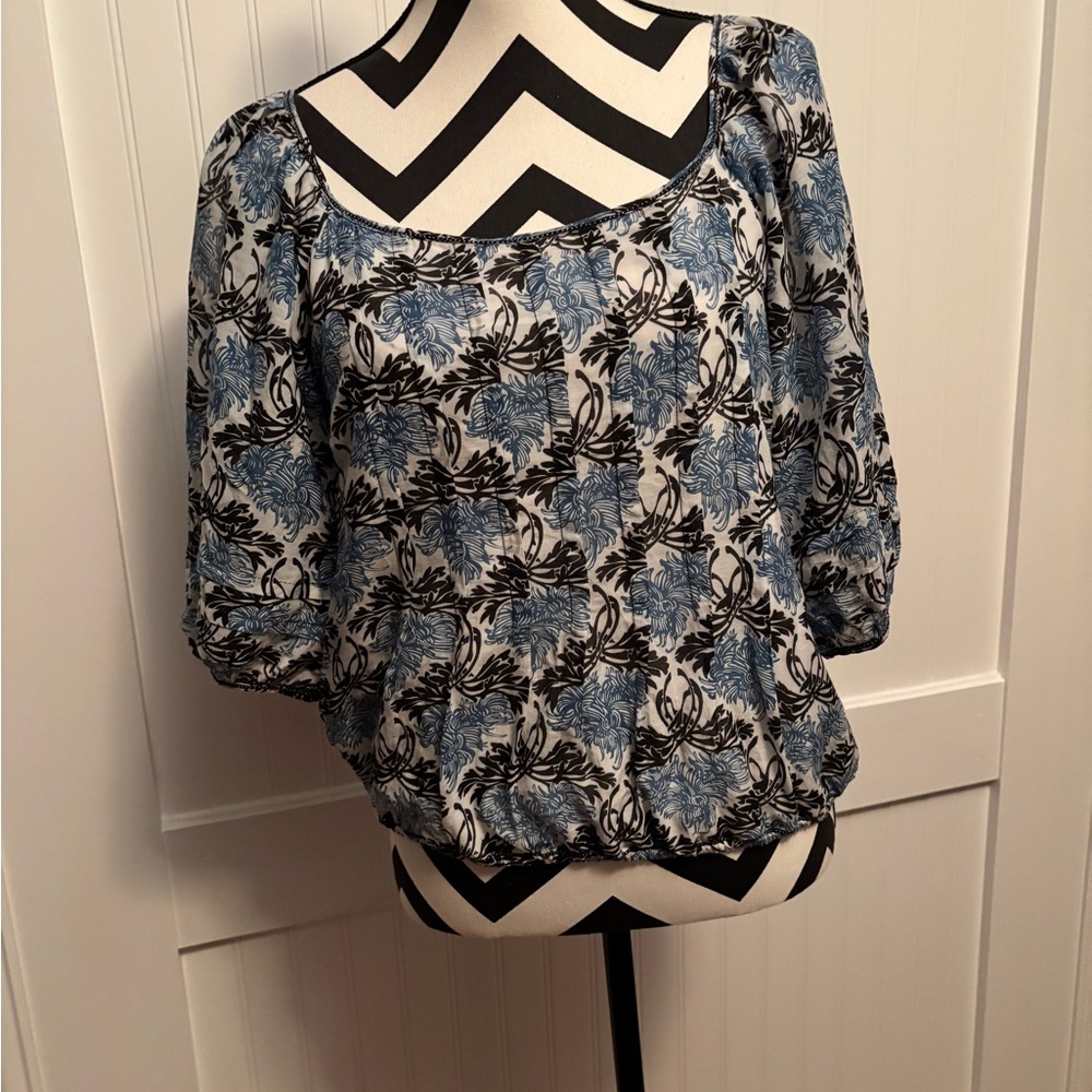 Blue Floral Square-Neck 3/4 Sleeve Blouse